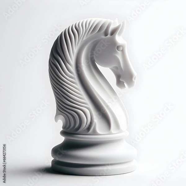 Obraz White chess knight on white background, chess piece, chess game, board game