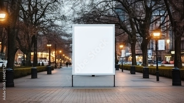 Fototapeta Blank sandwich board mockup displayed outdoors near a roundabout Mobile easel board with space for text