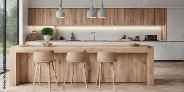 Fototapeta Wooden tabletop counter in front of bright modern kitchen.