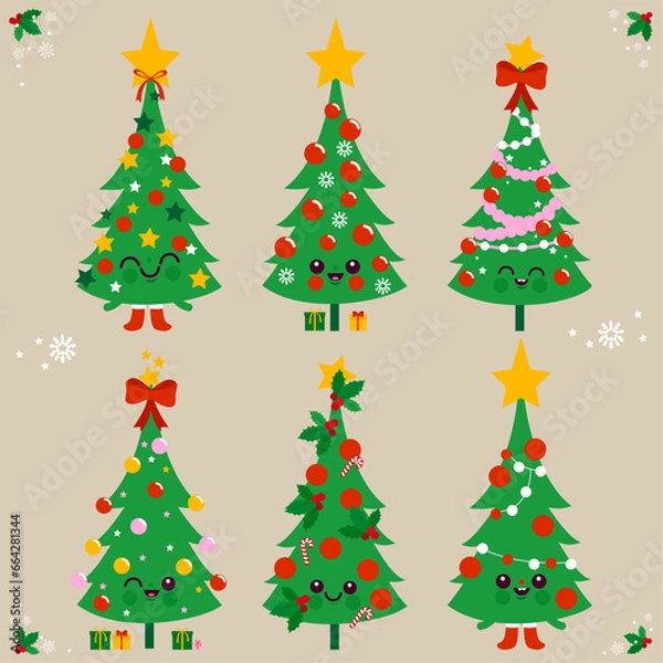 Fototapeta Cute Christmas trees characters with Christmas gifts and holy berry. Vector Illustration set