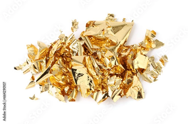 Fototapeta Many pieces of edible gold leaf isolated on white, top view