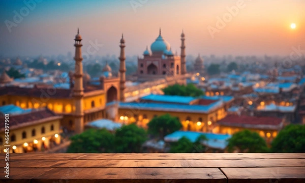 Fototapeta The empty wooden table top with blur background of india city