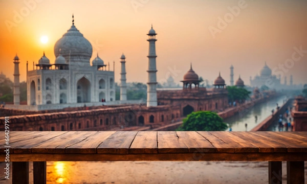 Fototapeta The empty wooden table top with blur background of india city