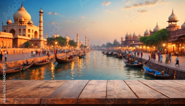 Fototapeta The empty wooden table top with blur background of india city