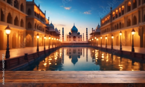 Fototapeta The empty wooden table top with blur background of india city