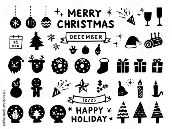 Fototapeta 手描きのクリスマスアイコンセット　モノクロ