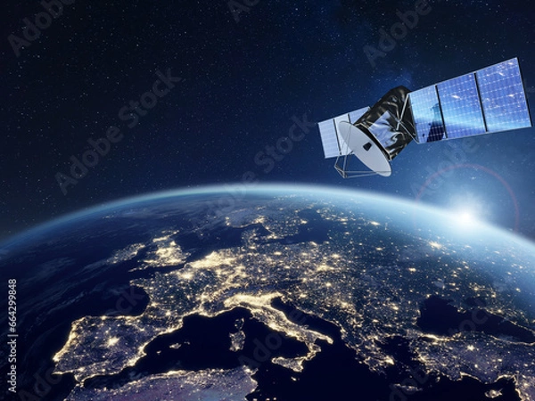 Fototapeta Telecommunication satellite providing global internet network and high speed data communication above Europe. Satellite in space, low Earth orbit. Worldwide communication technology.