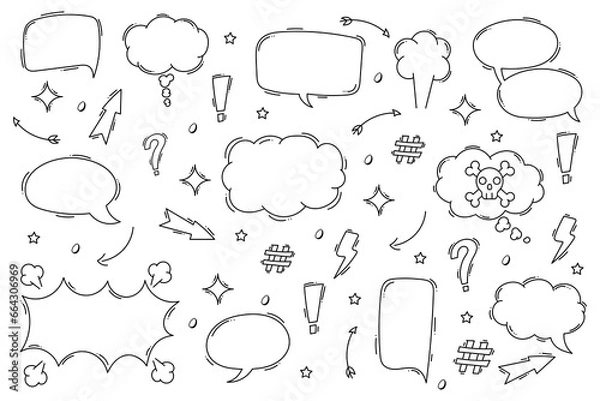 Fototapeta Set of hand drawn doodle speech bubbles. Simple hand drawn pen line speech bubble, cloud, balloon frame for text border. Doodle elegant dialog bubble. Vector illustration