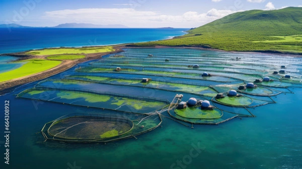 Fototapeta High angle aerial view of a a fish farm off the coast in the blue, sea during day time
