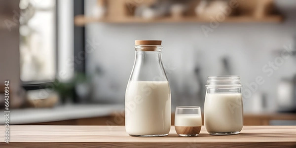 Fototapeta Wooden tabletop counter with Bottle and glass of tasty milk. in front of bright out of focus kitchen. copy space