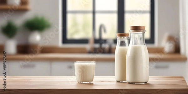 Fototapeta Wooden tabletop counter with Bottle and glass of tasty milk. in front of bright out of focus kitchen. copy space