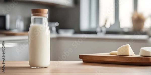 Fototapeta Wooden tabletop counter with Bottle and glass of tasty milk. in front of bright out of focus kitchen. copy space