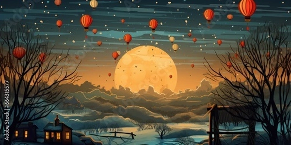 Fototapeta A big moon on the horizon, numerous hot air balloons floating in the sky, illustration