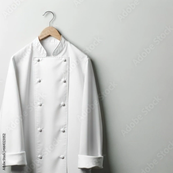 Fototapeta A daring chef, donning a crisp white coat with its stiff collar and neat sleeves, confidently buttons up before stepping into the swinging world of culinary fashion, where walls become runways and in