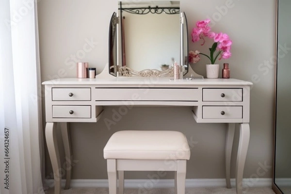 Fototapeta vanity table with tri-fold mirror and velvet stool