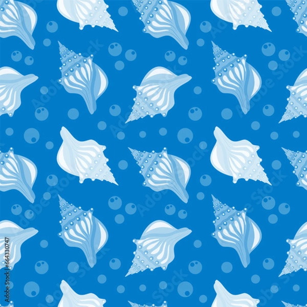 Obraz Colorful seashell and blue bubbles cartoon seamelss pattern. Vector illustration