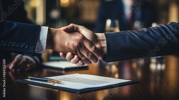 Fototapeta Contract signing: Close-up of hands after contract signing, with soft focus on documents and pen.