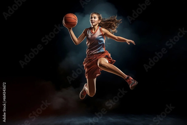 Fototapeta A red-uniformed basketball girl soars in the air, playing basketball amidst smoke and colorful spotlights against a dark backdrop. Generative AI.