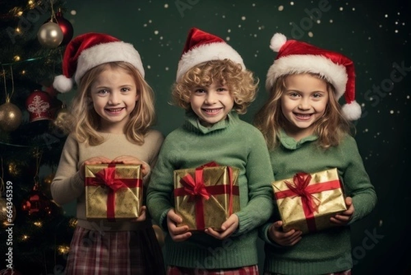 Fototapeta Funny kids with gift boxes at Christmas prepare. Small seasonal festive present. Generate Ai