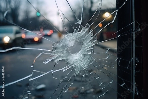 Fototapeta a shattered window with glass shards on the street