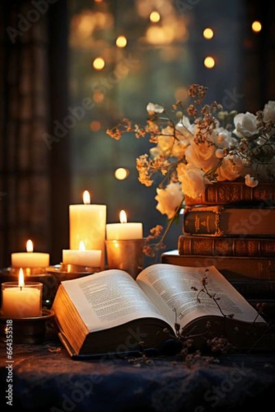 Fototapeta The cross, candles, and the Bible laid side by side inside the church, bokeh background. AI generative