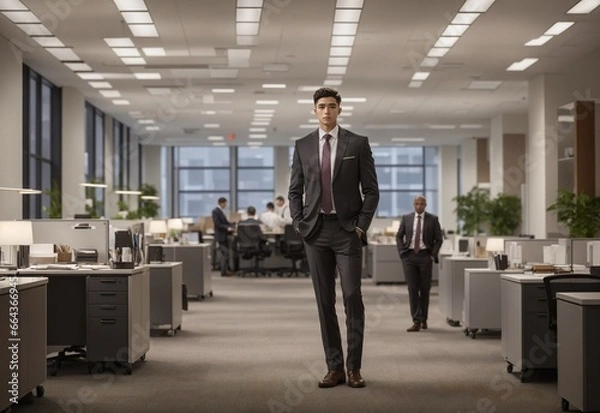 Obraz A bustling office scene comes to life in this stunning photograph, with a lone worker standing in the foreground. The bright lights illuminate the space, casting a warm glow on the worker.