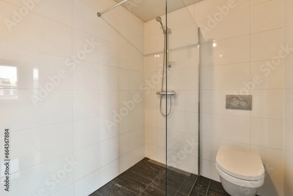 Fototapeta a modern bathroom with white walls and black tiles on the floor, there is a toilet in the corner next to the shower