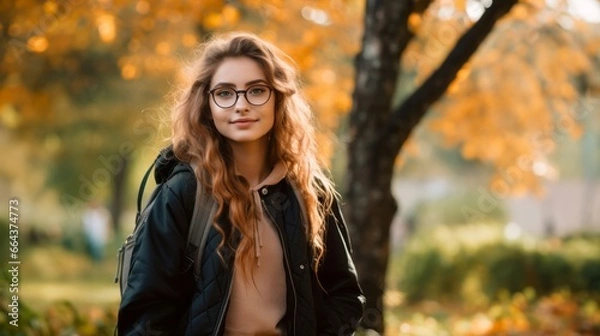 Fototapeta An intelligent, young blonde student wearing glasses and a backpack is captured in a sunny park, returning from school, exuding the essence of a vibrant academic journey