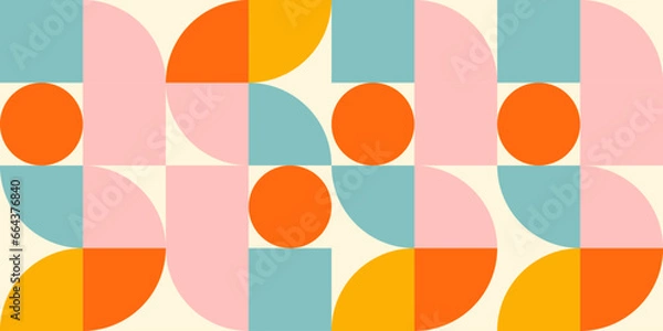 Fototapeta Retro geometric aesthetics. Bauhaus and avant-garde inspired vector background with abstract simple shapes like circle, square, semi circle. Colorful pattern in nostalgic pastel colors.