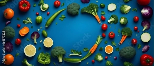 Obraz Colorful vegetables, Fresh produce, Vibrant food, Blue background, Space for text