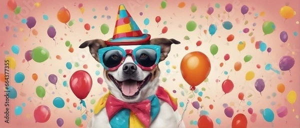 Obraz Happy cute dog in a party hat celebrating a birthday surrounded by balloons - AI Generated 