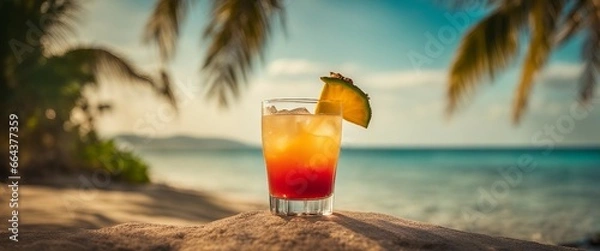 Obraz Summer beach vacation holidays trip concept, Tropical beach with palm trees and cocktail, summer vacation, vacation - Generative AI