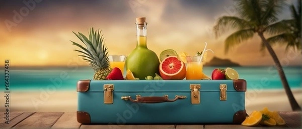 Obraz Tropical beach with fruit cocktail, on a suitcase, summer vacation, holiday - Generative AI