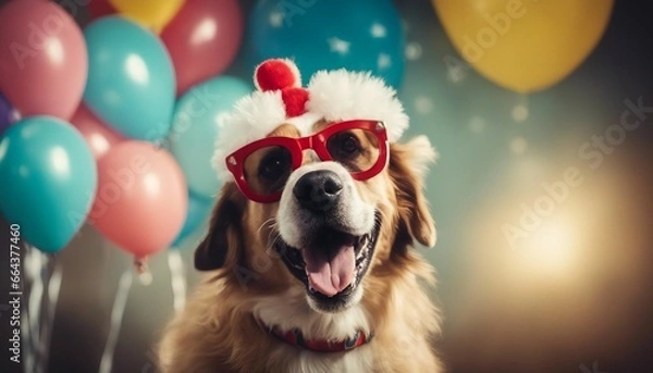 Obraz A birthday party with a sweet dog surrounded by balloons - AI Generated 