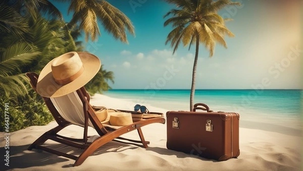 Obraz Tropical beach with palm trees, suitcase and beach chair, summer vacation, vacation - Generative AI