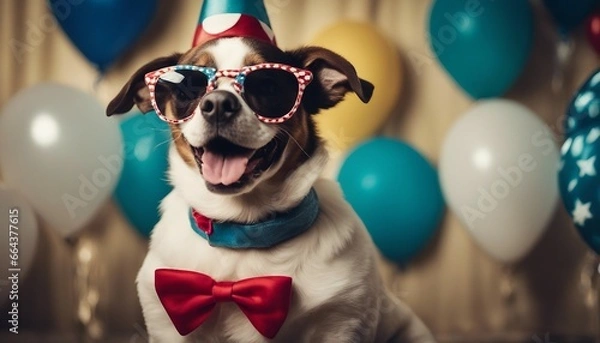 Obraz Happy cute dog in a party hat celebrating a birthday surrounded by balloons - AI Generated 
