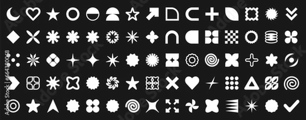 Fototapeta Set of white abstract geometric shapes and forms. Brutal contemporary figures, stars, flowers and other primitive elements. Trendy vector Y2K signs and symbols big set.