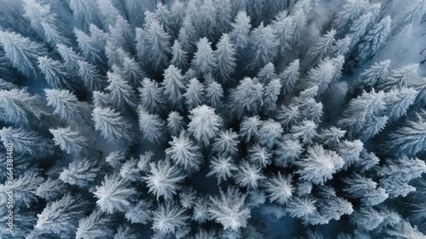 Fototapeta Generative AI, Misty winter fir forest beautiful landscape in hipster vintage retro style, evergreen trees with show
