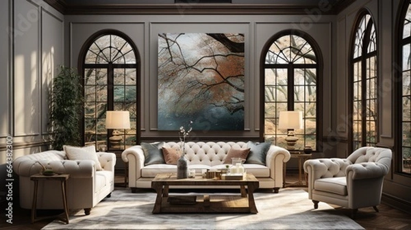 Fototapeta In a modern living room with an art deco interior design, a beige tufted chesterfield sofa and brown wing chairs are the focal point