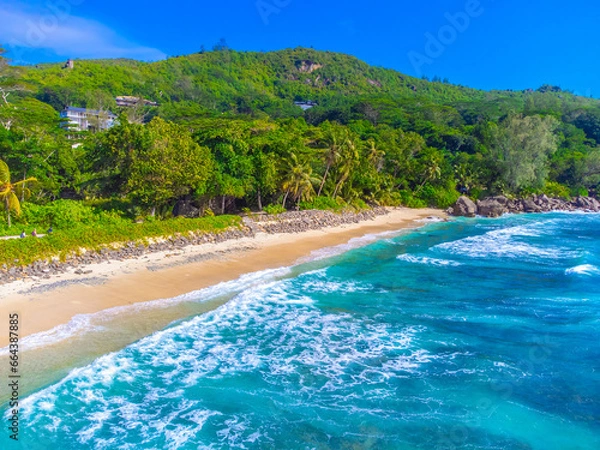 Fototapeta Aerial view of Anse Takamaka beach on a sunny day