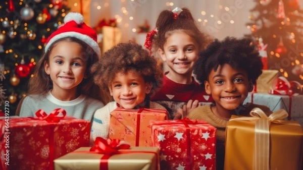 Fototapeta Festive Moments with Multicultural Children and Christmas Presents: Joyful Family Celebrating Holidays and Capturing Memories with Camera