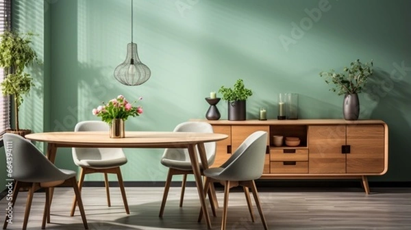 Fototapeta Mint color chairs surround a round wooden dining table in a room with a sofa and a cabinet near a green wall, showcasing Scandinavian home interior design