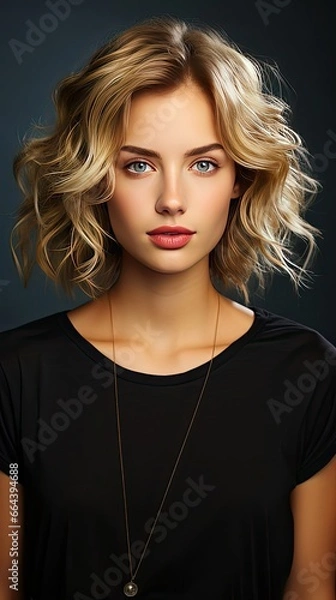 Fototapeta Pretty smiling joyfully female with fair hair, dressed casually, looking with satisfaction at camera, being happy. Woman portrait illustration. Generative AI