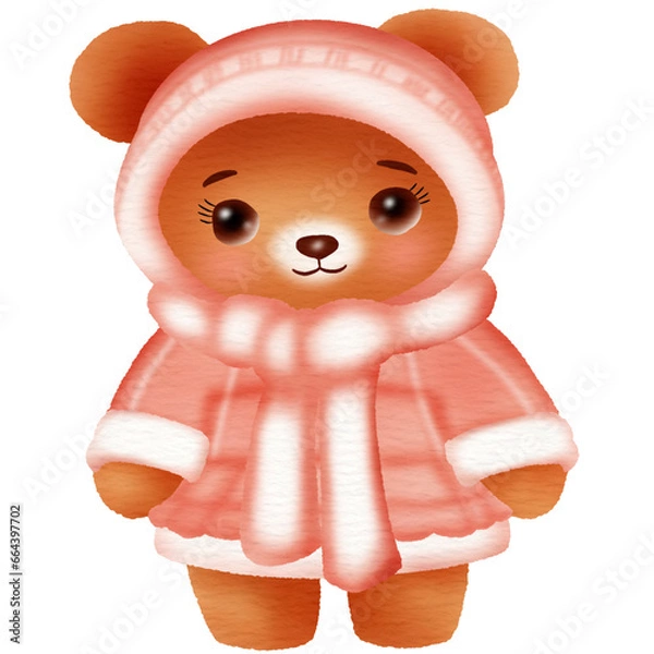 Fototapeta A cute teddy bear cartoon character wearing winter fashion clothes. Vector illustration drawing.