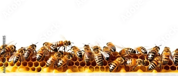 Fototapeta Close-up of swarm of bees sitting on honeycomb, honey in apiary