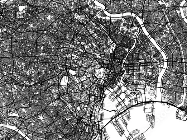 Fototapeta Vector road map of the city of  Tokyo in Japan with black roads on a white background. 4:3 aspect ratio.