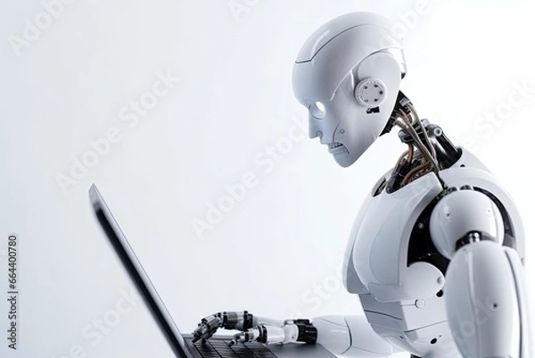 Fototapeta Robot working on a laptop.AI Generated