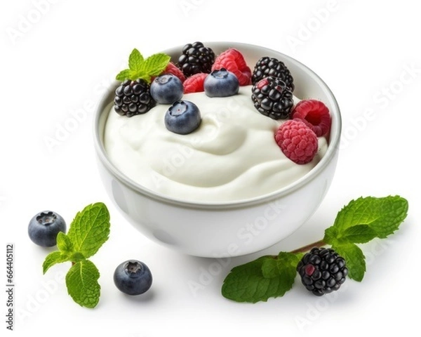 Obraz Green bowl of greek yogurt and fresh berries isolated on white background.