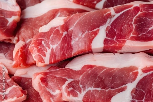 Fototapeta Macro shot of pork meat. Meat textured background. Beef steak is raw and juicy.