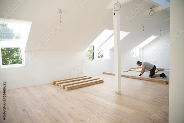 Obraz middle-aged man with gray hair glued, laying parquet floor in my loft apartment, top floor